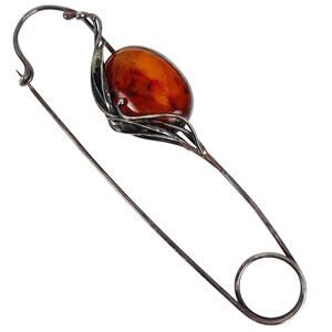 Vintage 80s 90s 925 Sterling Amber Safety Pin Brooch Signed Artisan Makers Mark